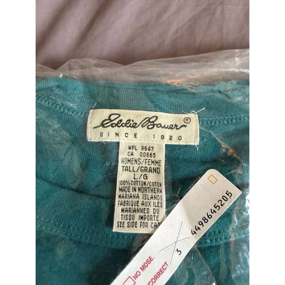 Vintage Eddie Bauer Womens L Tall Dark Teal Cotton Crewneck Deadstock NOS